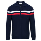 Veste rétro en maille des années 70 pour hommes – Marine vintage avec rayures rouges et blanches à fermeture éclair