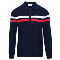 Veste rétro en maille des années 70 pour hommes – Marine vintage avec rayures rouges et blanches à fermeture éclair