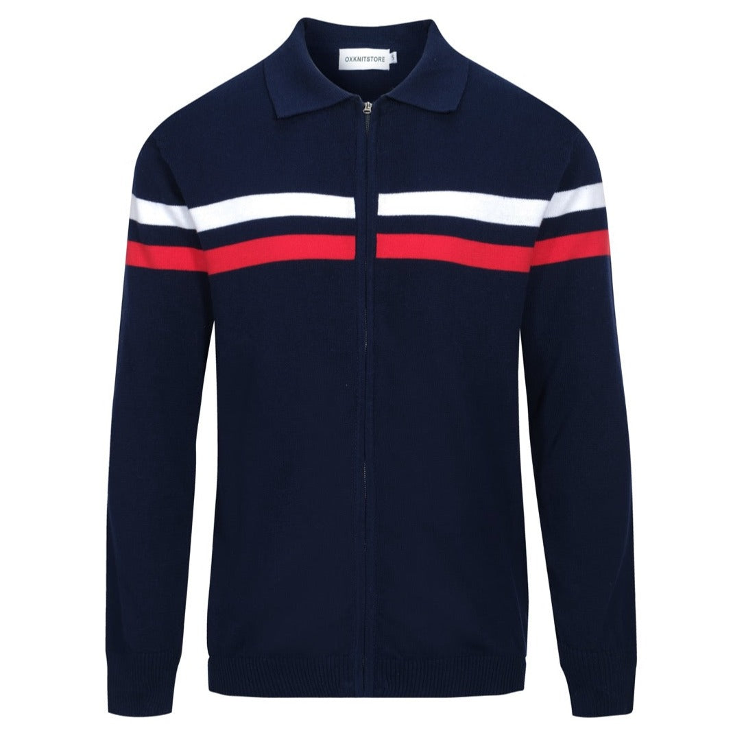 Veste rétro en maille des années 70 pour hommes – Marine vintage avec rayures rouges et blanches à fermeture éclair