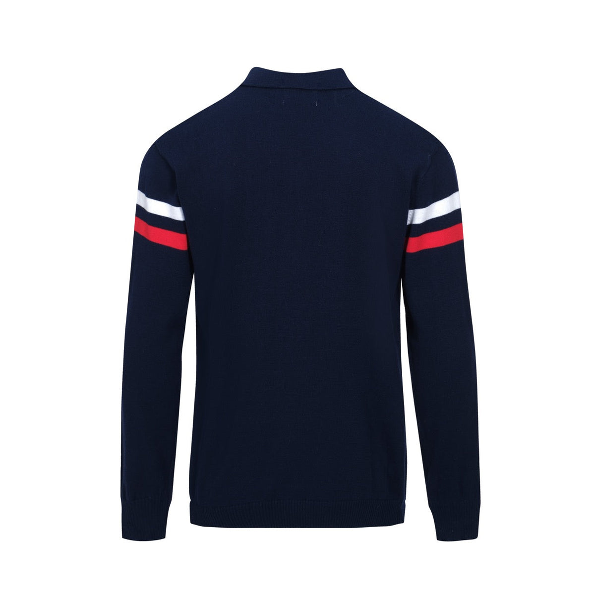 Veste rétro en maille des années 70 pour hommes – Marine vintage avec rayures rouges et blanches à fermeture éclair