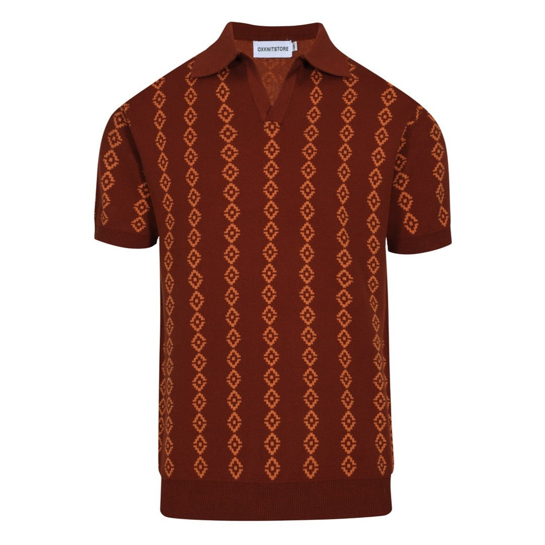 Chemise rétro en tricot des années 70 pour homme – Polo à manches courtes géométrique en teintes rouille et orange