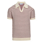 Polo en tricot crème vintage des années 60 pour homme – Motif micro bordeaux rétro