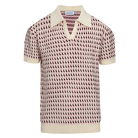 Polo en tricot crème vintage des années 60 pour homme – Motif micro bordeaux rétro