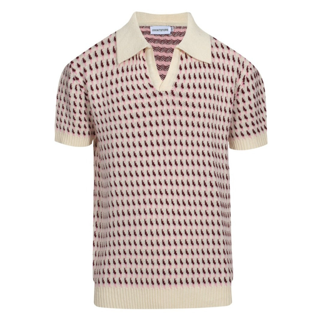 Polo en tricot crème vintage des années 60 pour homme – Motif micro bordeaux rétro