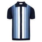 Chemise à rayures verticales rétro des années 60 pour homme – Bleu marine et ciel avec boutons polo