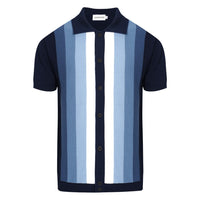 Chemise à rayures verticales rétro des années 60 pour homme – Bleu marine et ciel avec boutons polo