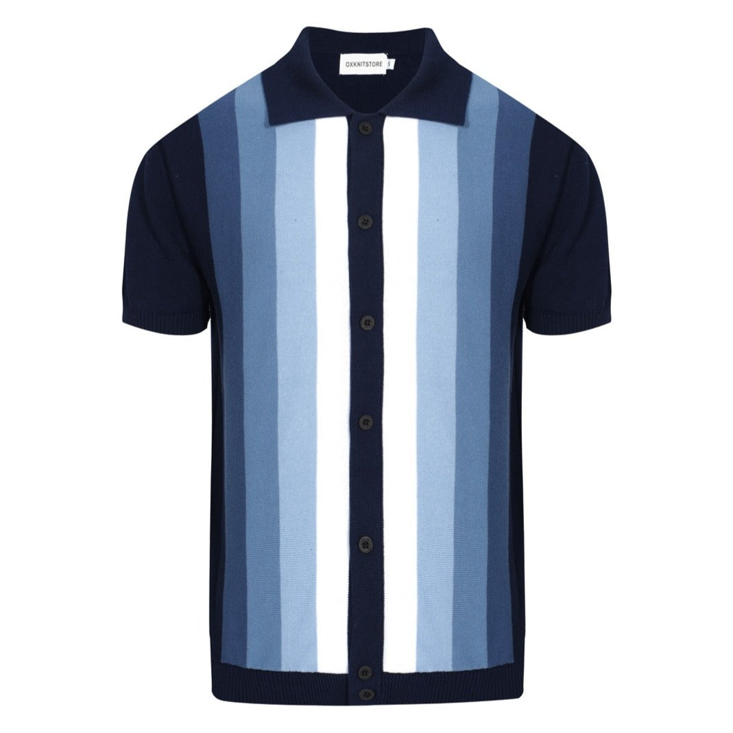 Chemise à rayures verticales rétro des années 60 pour homme – Bleu marine et ciel avec boutons polo