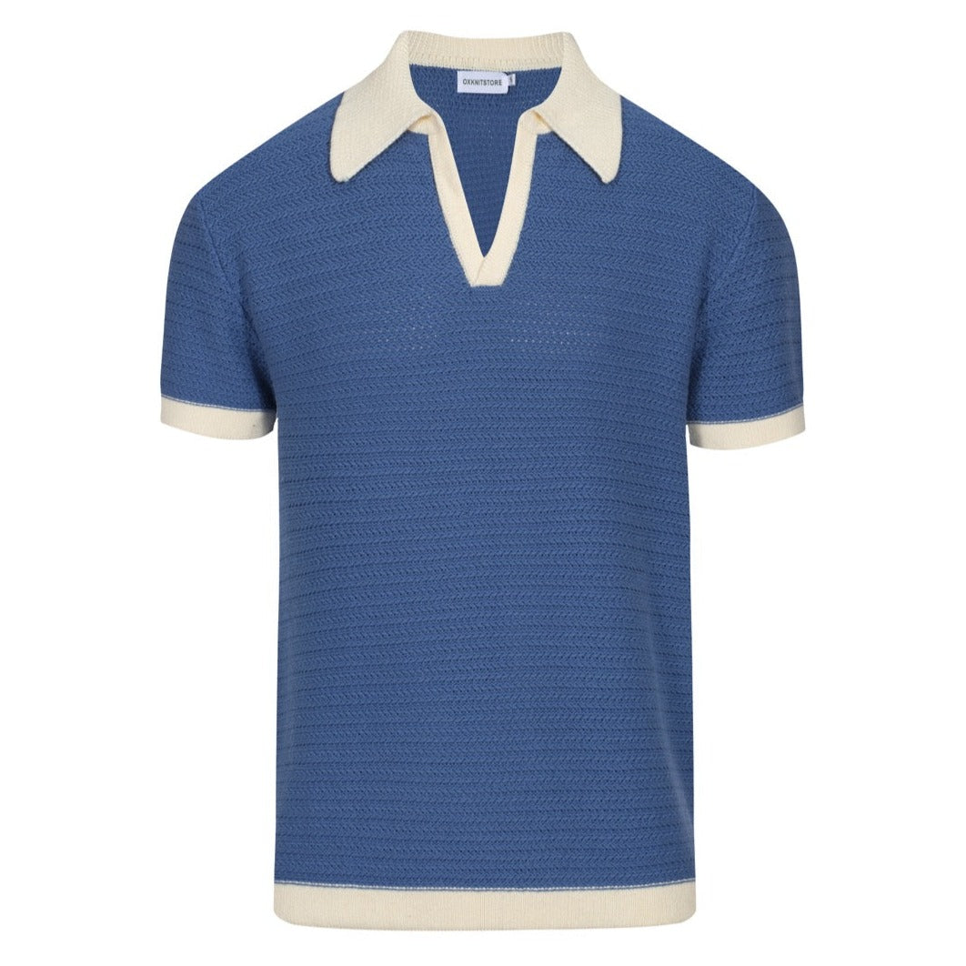 Pull en tricot pour homme style années 70 – Col large rétro à manches courtes bleu