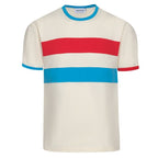 T-shirt tricoté à rayures crème, rouge et bleu 70s – Style rétro sportif