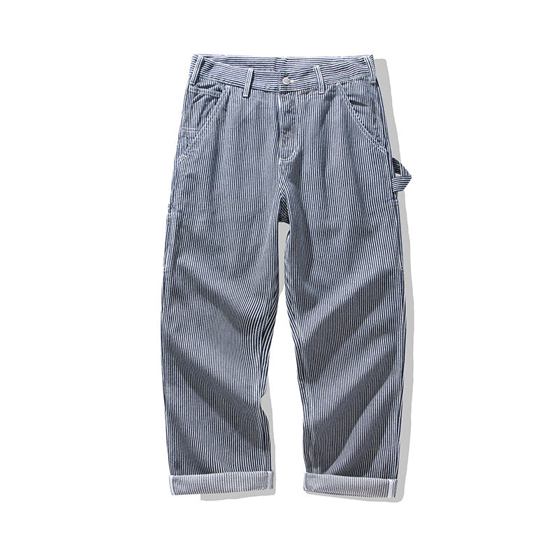 Pantalons cargo rayés rétro pour homme avec poches - Style décontracté pour travailleurs ferroviaires