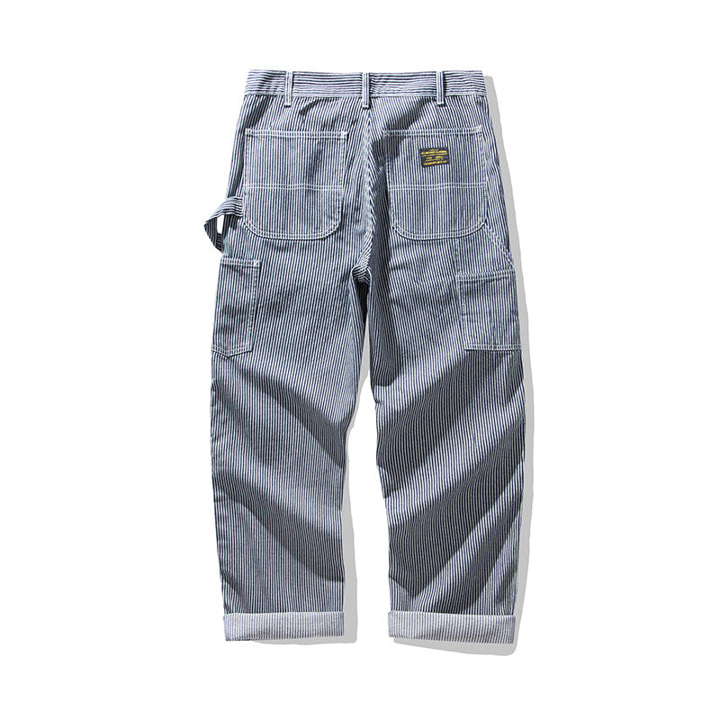 Pantalons cargo rayés rétro pour homme avec poches - Style décontracté pour travailleurs ferroviaires