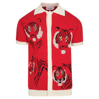 Chemise rétro rouge tricotée pour homme – Polo à boutons avec motif tigre