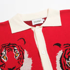Chemise rétro rouge tricotée pour homme – Polo à boutons avec motif tigre