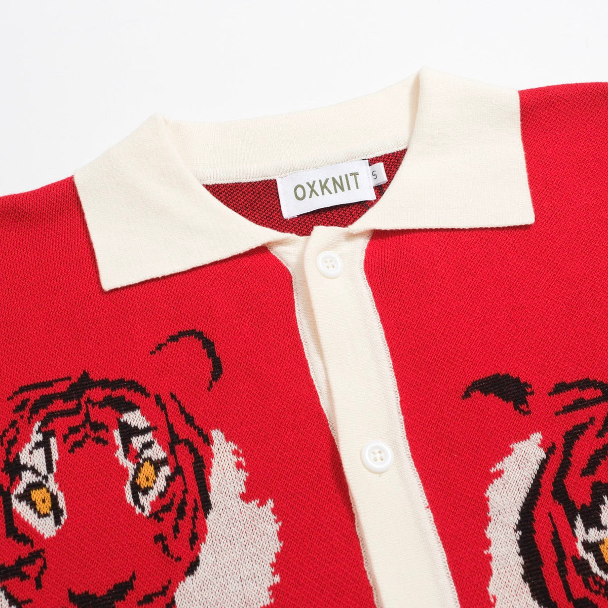 Chemise rétro rouge tricotée pour homme – Polo à boutons avec motif tigre