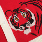 Chemise rétro rouge tricotée pour homme – Polo à boutons avec motif tigre