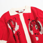 Chemise rétro rouge tricotée pour homme – Polo à boutons avec motif tigre