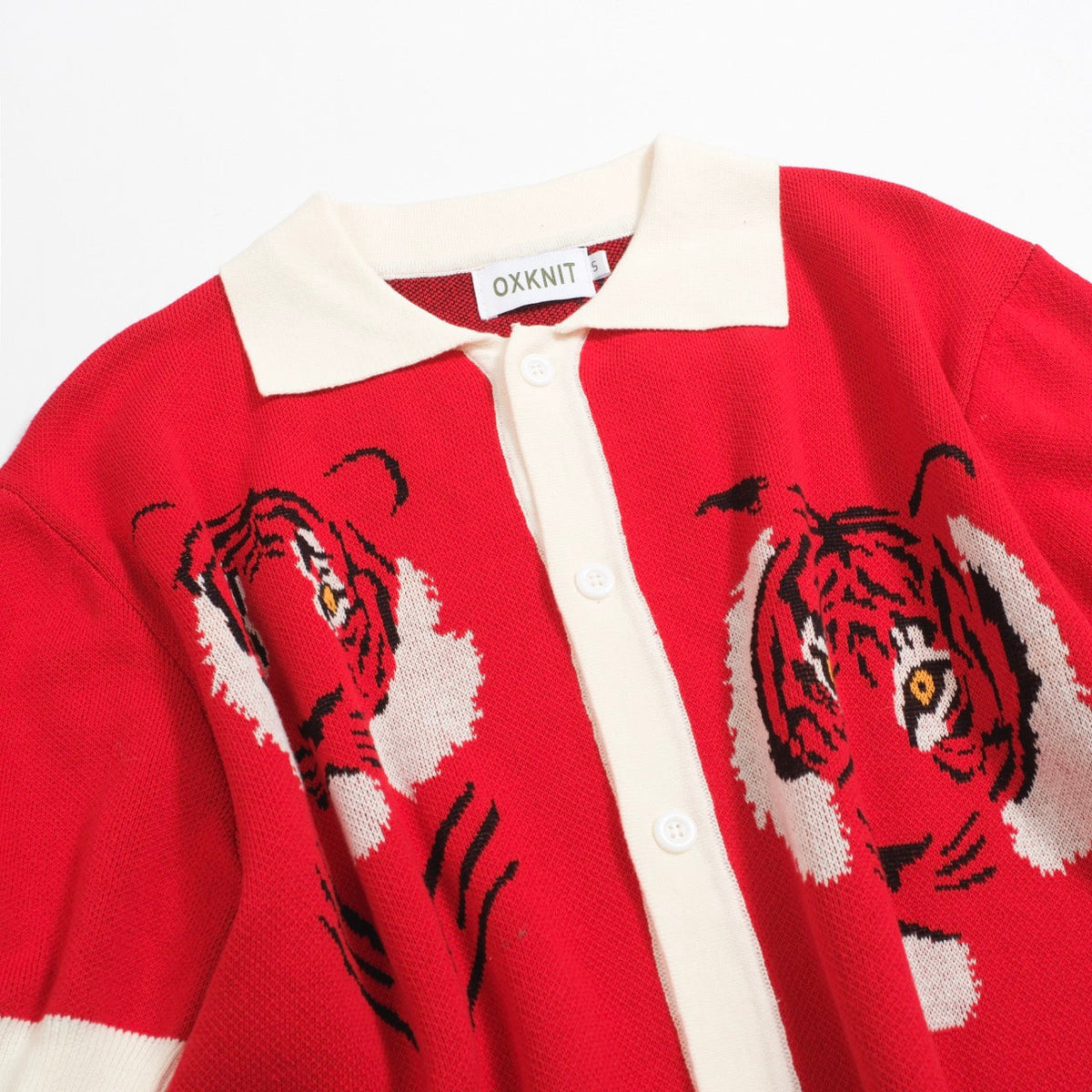 Chemise rétro rouge tricotée pour homme – Polo à boutons avec motif tigre