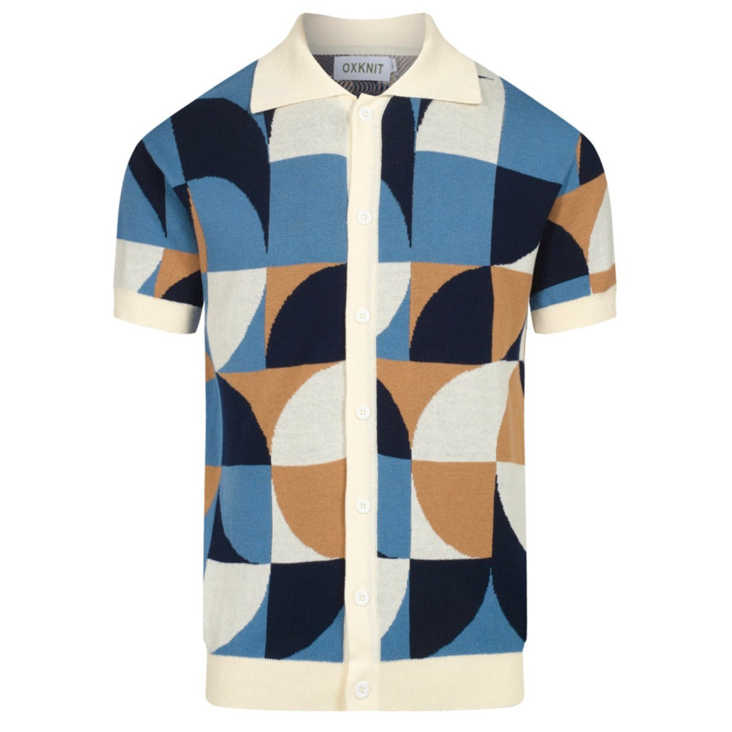 Chemise rétro en maille pour homme – Polo bleu vintage à motifs géométriques avec boutons