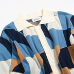 Chemise rétro en maille pour homme – Polo bleu vintage à motifs géométriques avec boutons
