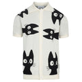 Chemise rétro en maille pour homme – Crème vintage à boutons avec motif de chat noir