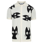 Chemise rétro en maille pour homme – Crème vintage à boutons avec motif de chat noir