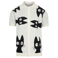 Chemise rétro en maille pour homme – Crème vintage à boutons avec motif de chat noir