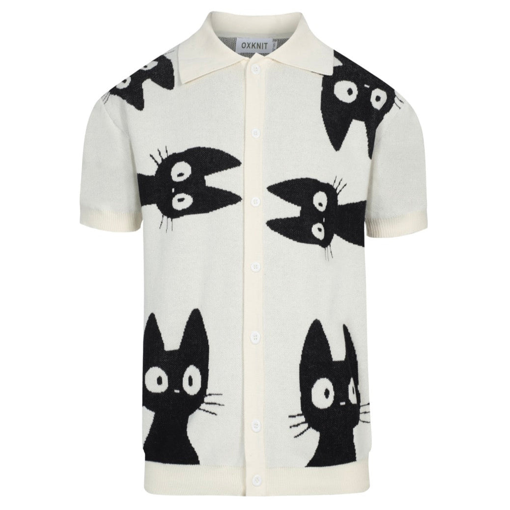 Chemise rétro en maille pour homme – Crème vintage à boutons avec motif de chat noir