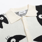 Chemise rétro en maille pour homme – Crème vintage à boutons avec motif de chat noir