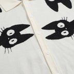 Chemise rétro en maille pour homme – Crème vintage à boutons avec motif de chat noir
