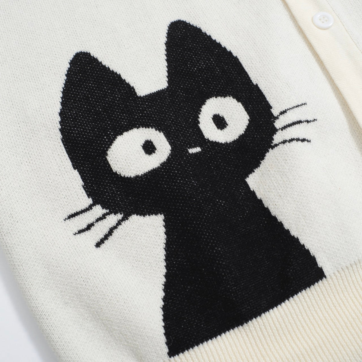 Chemise rétro en maille pour homme – Crème vintage à boutons avec motif de chat noir