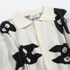 Chemise rétro en maille pour homme – Crème vintage à boutons avec motif de chat noir