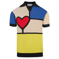 Multicolored Artistic Jacquard Knit Polo for Men with V-Neck