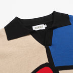 Multicolored Artistic Jacquard Knit Polo for Men with V-Neck