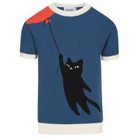 Hommes T-shirt en tricot bleu avec motif de chat - Créé par Lim Heng Swee