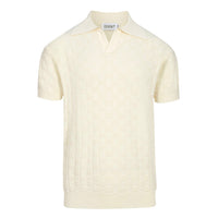 Chemise polo rétro blanc cassé à texture, col V pour homme