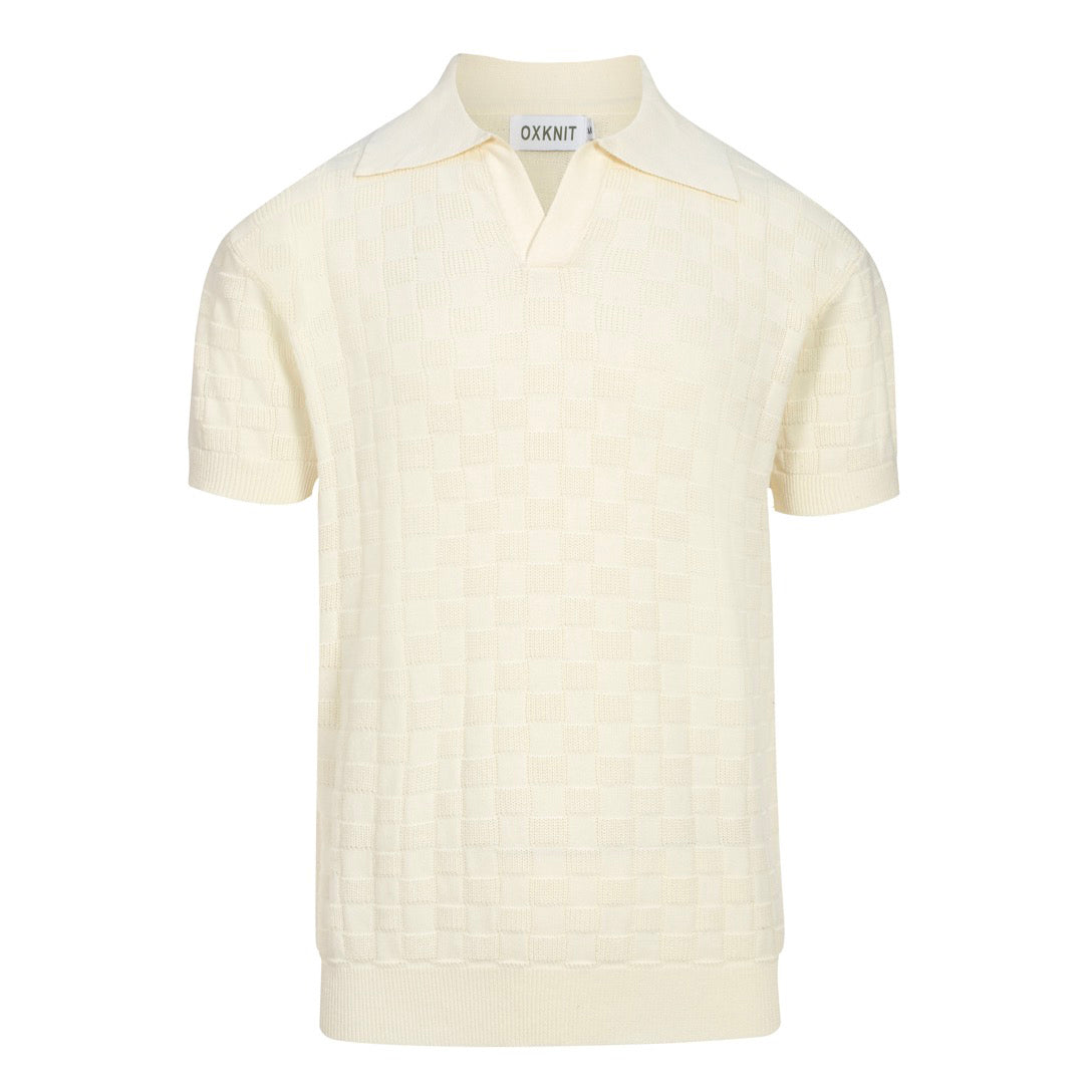 Chemise polo rétro blanc cassé à texture, col V pour homme