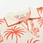 V-Neck Men's White Jacquard Tiger Palm Coconut Knit Polo
