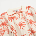 V-Neck Men's White Jacquard Tiger Palm Coconut Knit Polo