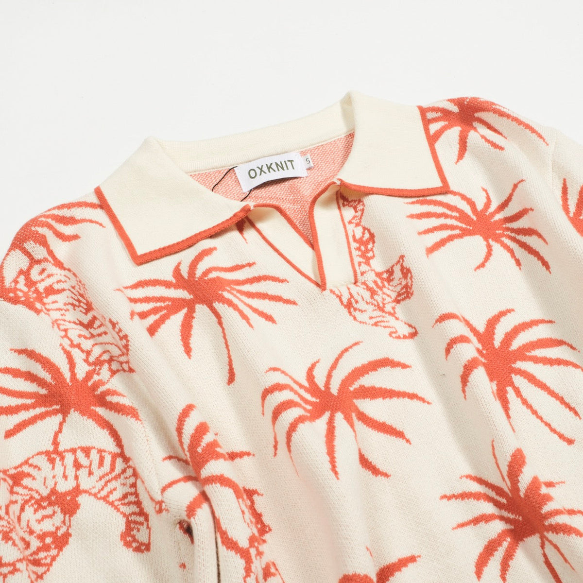 V-Neck Men's White Jacquard Tiger Palm Coconut Knit Polo