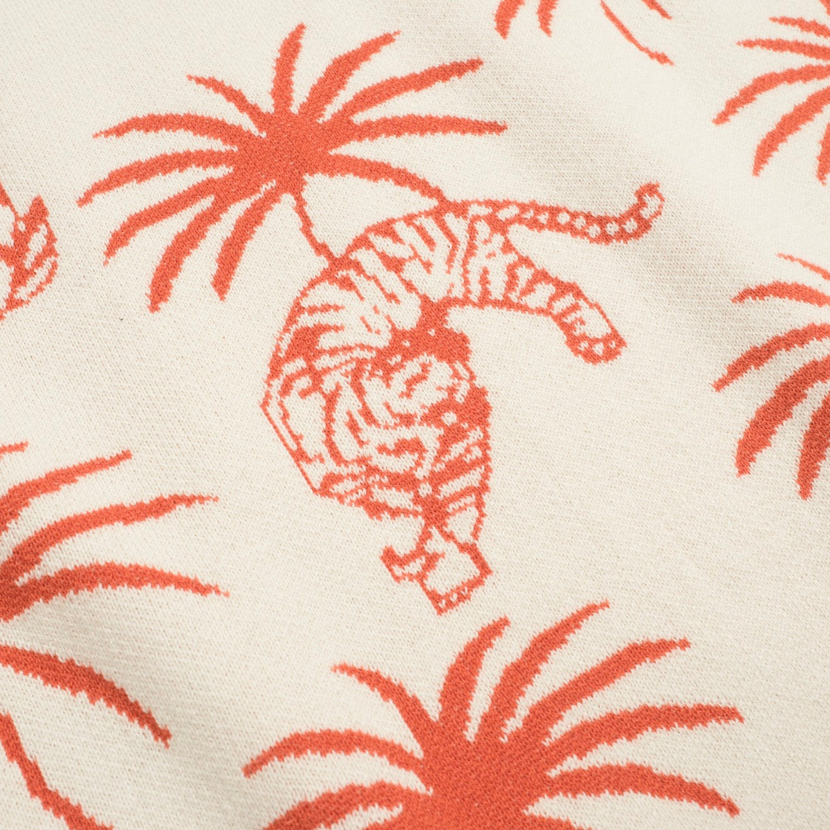 V-Neck Men's White Jacquard Tiger Palm Coconut Knit Polo