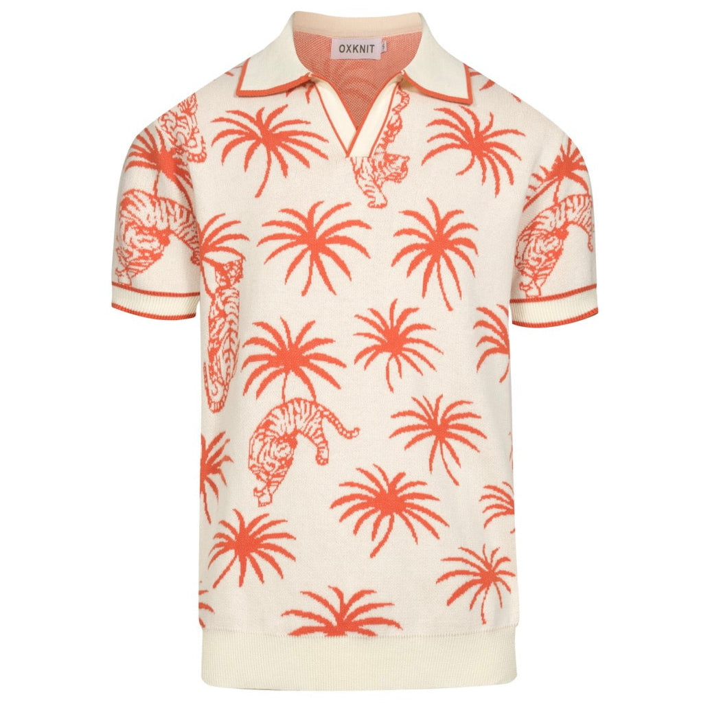 V-Neck Men's White Jacquard Tiger Palm Coconut Knit Polo