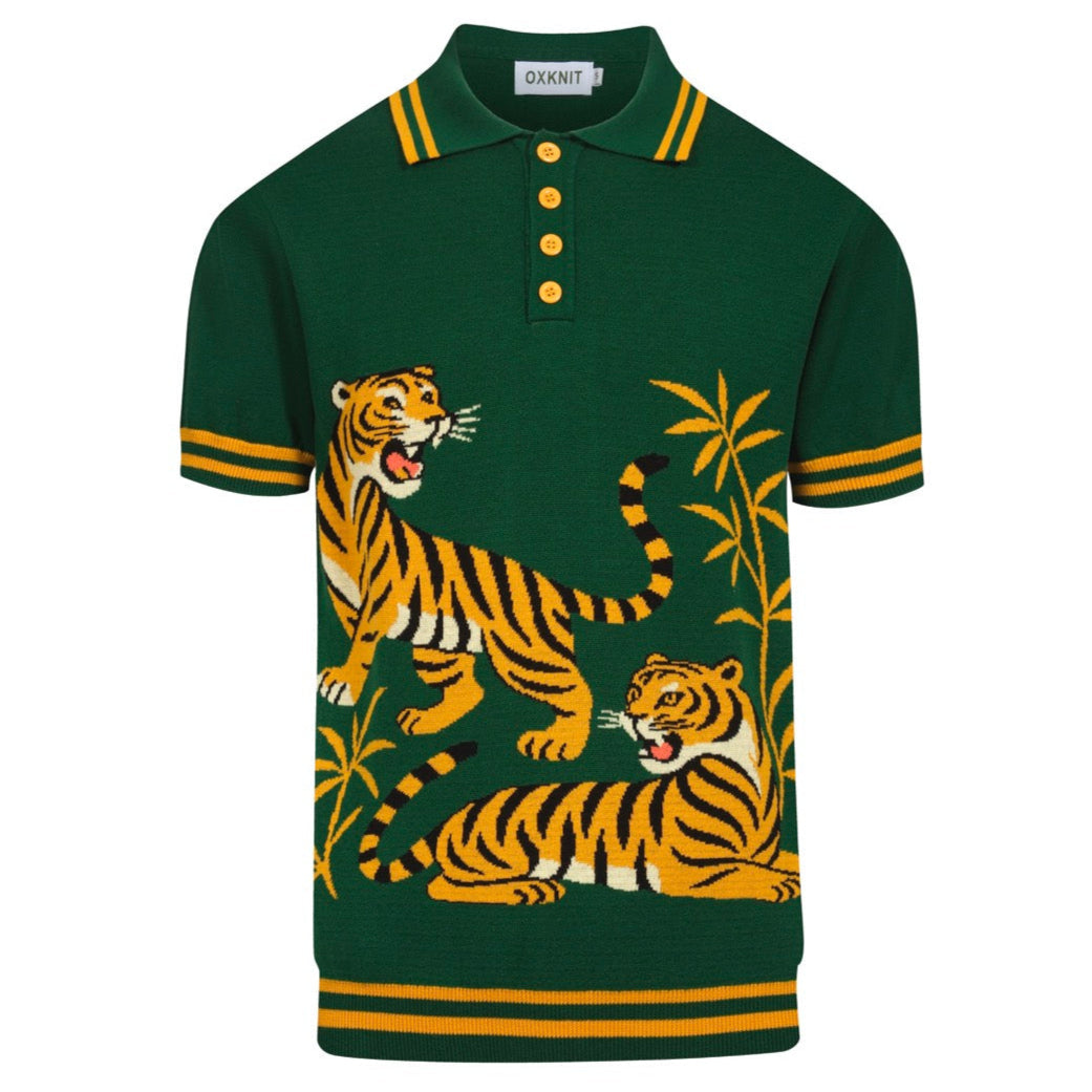 Pull vintage en tricot jacquard tigre vert pour homme