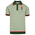 Vintage Green Graphic Patterned V-Neck Embroidered Polo for Men