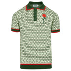Vintage Green Graphic Patterned V-Neck Embroidered Polo for Men