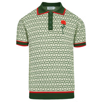 Vintage Green Graphic Patterned V-Neck Embroidered Polo for Men