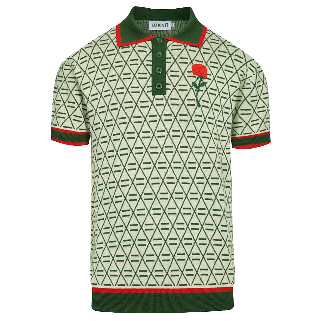 Vintage Green Graphic Patterned V-Neck Embroidered Polo for Men