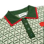 Vintage Green Graphic Patterned V-Neck Embroidered Polo for Men