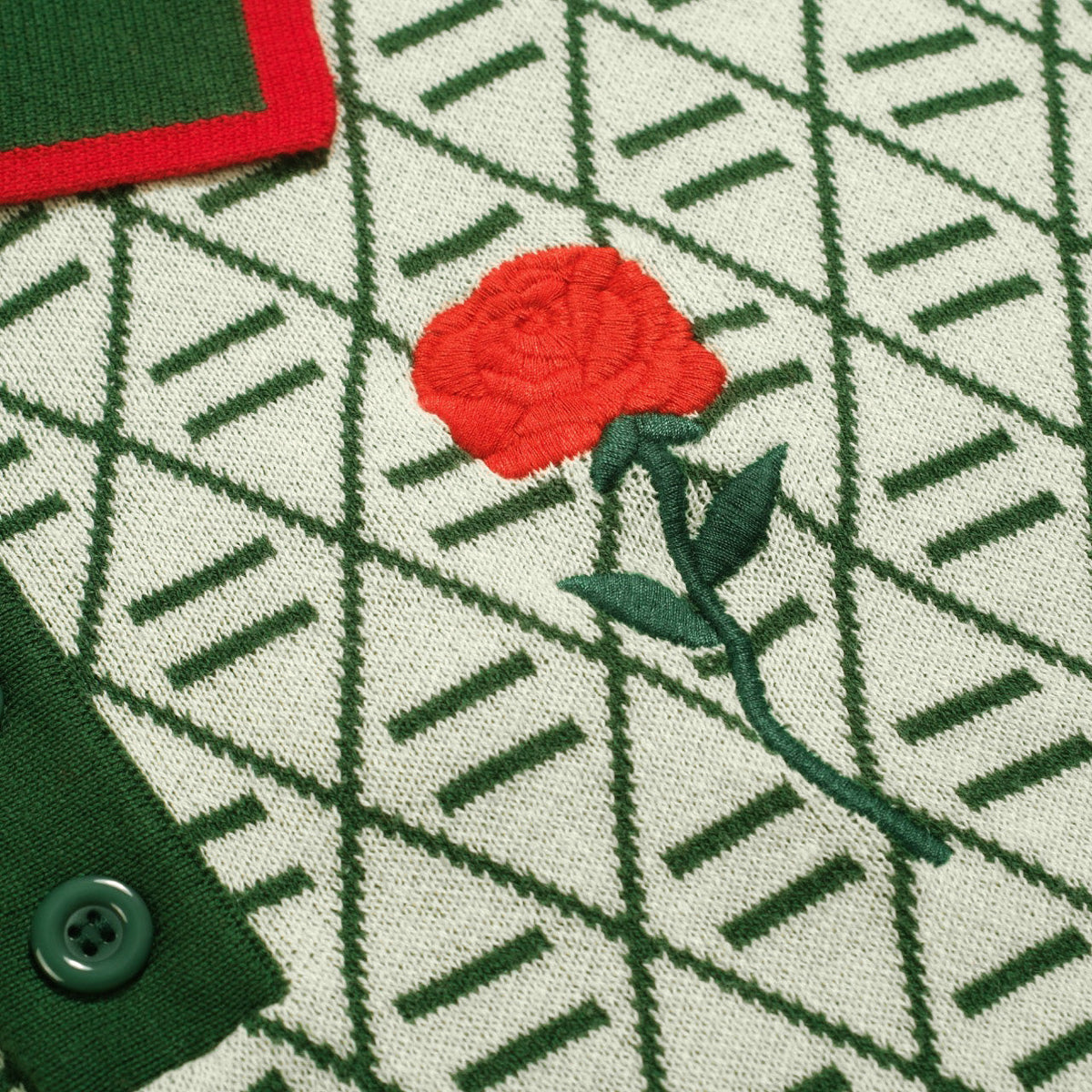 Vintage Green Graphic Patterned V-Neck Embroidered Polo for Men