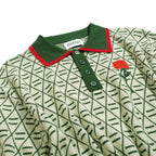 Vintage Green Graphic Patterned V-Neck Embroidered Polo for Men