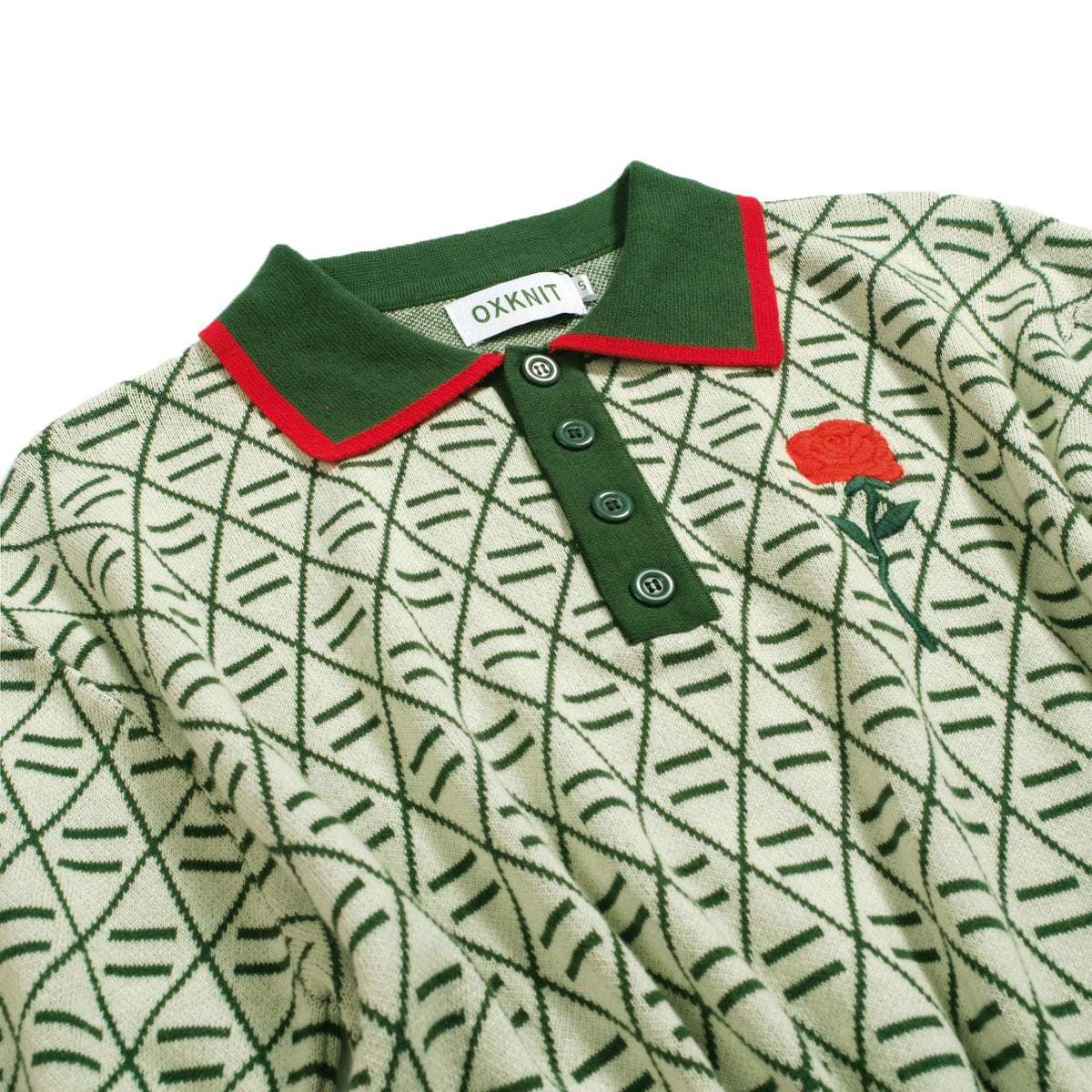 Vintage Green Graphic Patterned V-Neck Embroidered Polo for Men